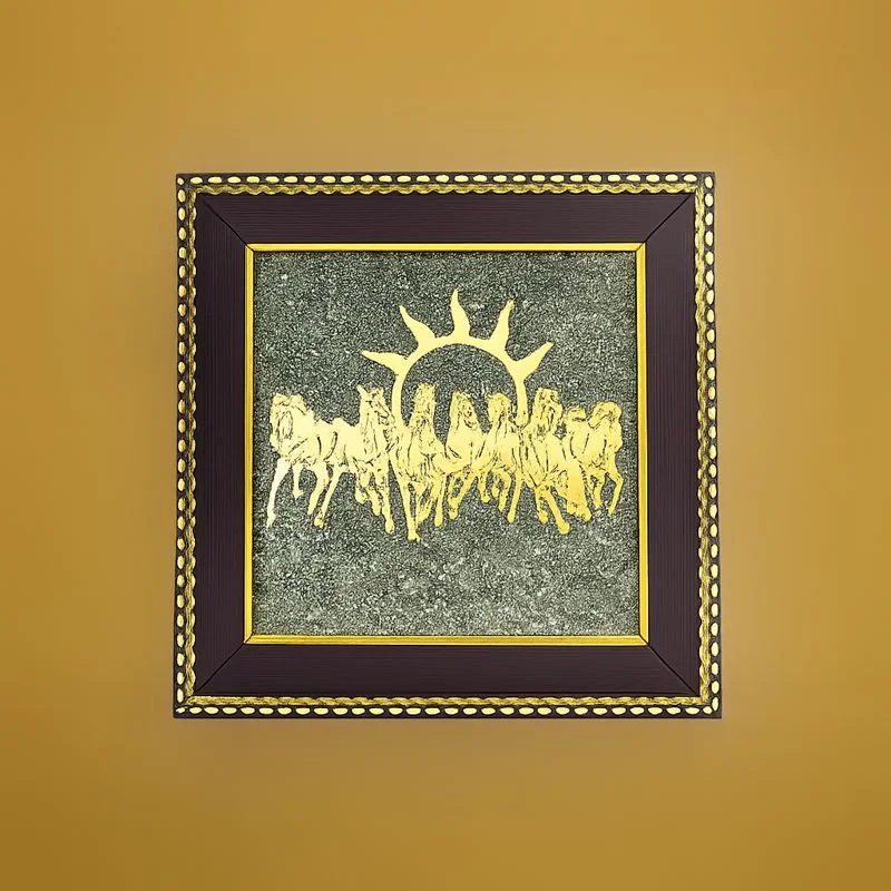 7 Horses pyrite frame with gold horses and sun in a dark wooden frame